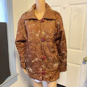 Vintage Lover’s Bomber Jacket Coat Women Sz XL Brown Gold All Over Embellished
